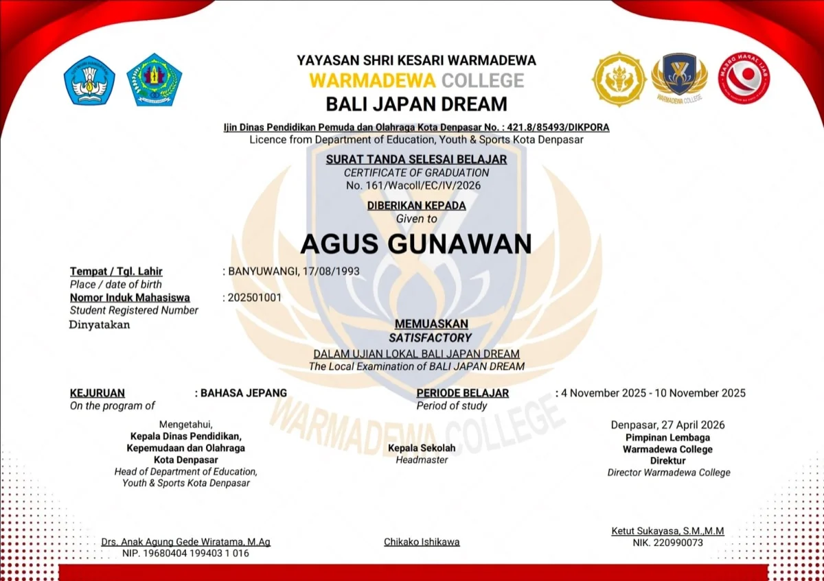 Bali Japan Dream Certificate